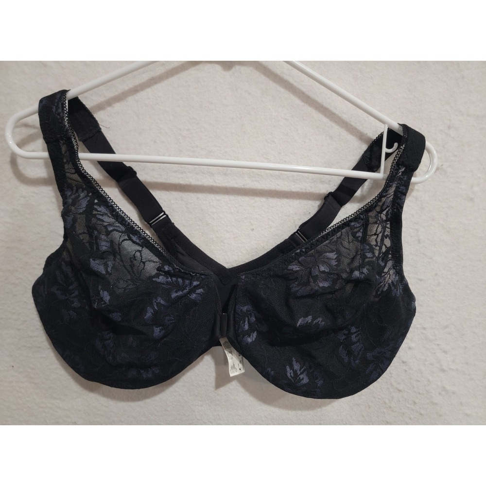 Glamorise Wonderwire Front-Close Bra 38F Black Navy Floral Lace Underwire 9246